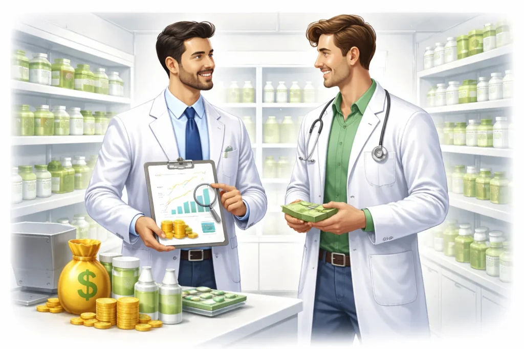 Doctors discussing financial opportunities in pharmacy
