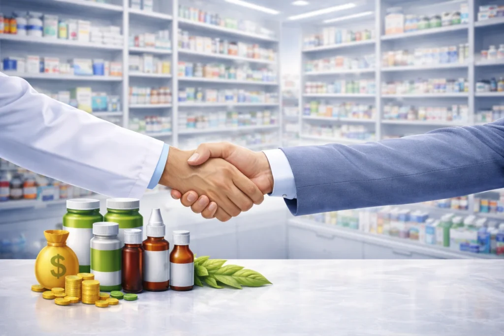 Professional handshake in pharmacy setting